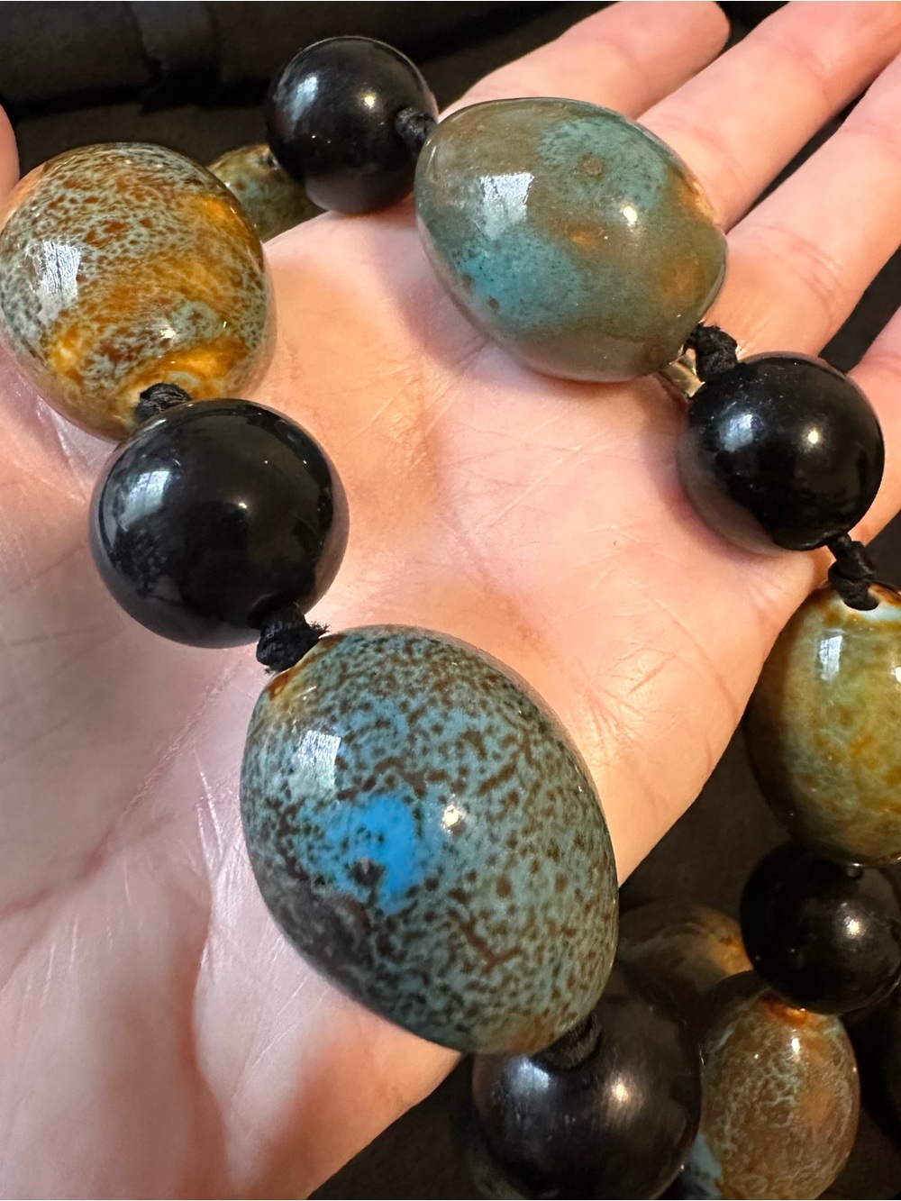 Artisan Green and Black large ceramic Beaded Statement Necklace